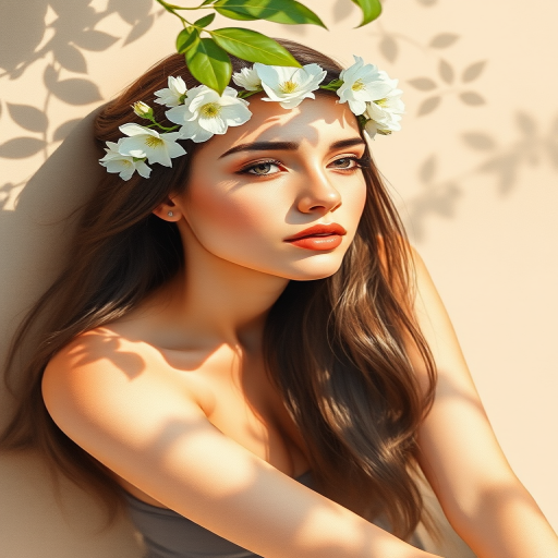 create a watercolor painting of an ethereal portrait of beautiful Assyrian woman with a simple white flower crown on her head. Her hair is long and she is lying on the ground. The sunlight on the trees casts shadows from the leaves on her face and body. The background is a neutral brown color that matches her skin tone. The image is minimalist and solid colors. This style is characterized by soft, delicate brushstrokes and a light, airy, contrasting color palette. High level of detail and play of light