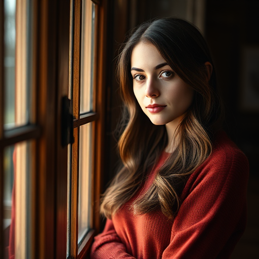 portrait of a woman standing by a wooden window, natural light filtering through, shallow depth of field, f/1.8 aperture, ISO 200, 50mm lens, soft focus background, warm color tones, captured with a DSLR camera in a cozy indoor setting
