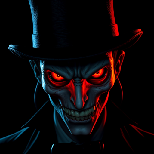 Create a high-contrast, detailed illustration of a sinister character with red eyes wearing a black top hat, captured in a close-up view with a DSLR camera set to f/2.8, ISO 100, 50mm lens, using dramatic lighting to enhance the eerie effect against a solid black background.