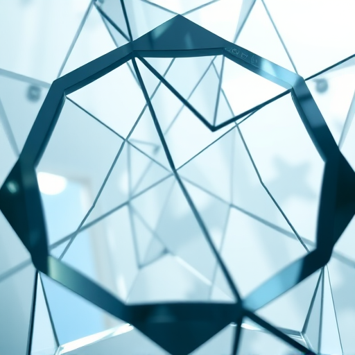 Create a high-resolution abstract image of interlocking glass-like geometric shapes with sharp angles and reflections, captured from a low angle using a DSLR camera set to f/8, ISO 100, 1/50 second shutter speed, in natural light to enhance clarity and depth.