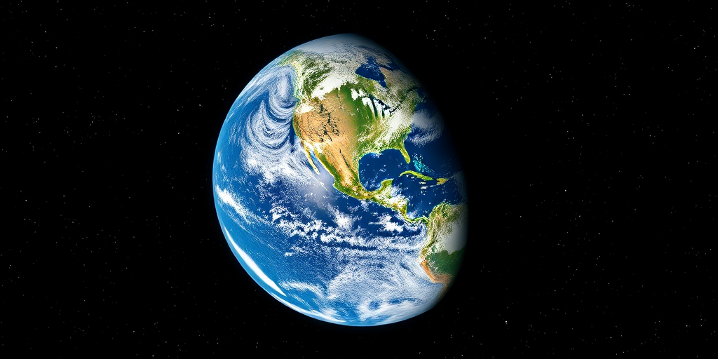 Generate a high-resolution image of Earth viewed from space with a dark starry background, using a 50mm lens, f/8 aperture, ISO 100, 1/125 sec exposure, in a wide-angle perspective, with deep contrast and vibrant colors, capturing the planet's texture and atmosphere.