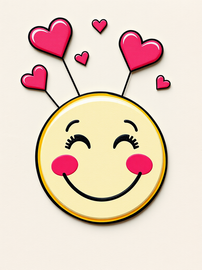 Create a high-resolution illustration of a whimsical smiley face with hearts floating above, using a DSLR camera with a 50mm lens, aperture f/2.8 for a shallow depth of field, ISO 100, in natural light, with a focus on vibrant colors and a textured paper background.