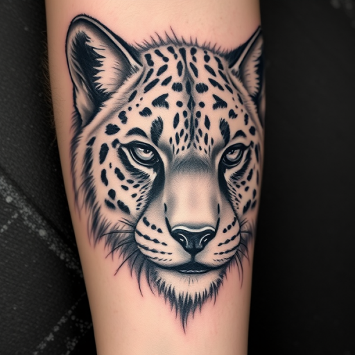 Photorealistic black and gray tattoo called "Nature's Portrait" depicting a highly detailed animal face with lifelike fur textures and soulful eyes, perfect for forearm or calf placement