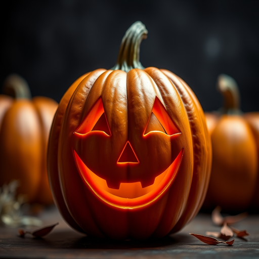 Create a high-resolution image of a smiling Halloween pumpkin with a glossy finish, captured using a DSLR camera at f/2.8 aperture, ISO 100, and a 50mm lens, with a shallow depth of field and soft studio lighting.