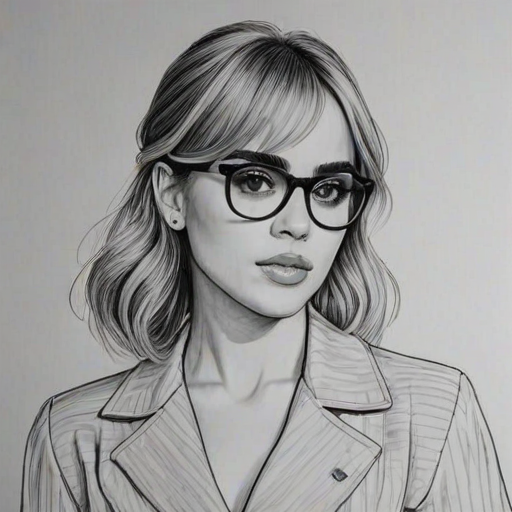 Resplendent Suki Waterhouse, pencil sketch, portrait of Stunning woman 1956s in glasses, hair style beatnik, outline, clear lines, fine lines, 8k
