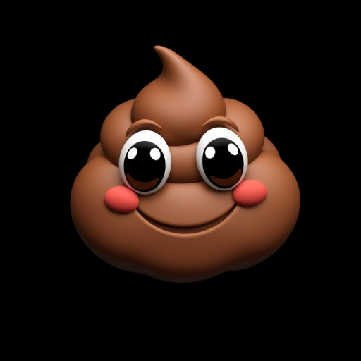 Regenerate a cartoonish poop emoji with big eyes and a smile on a solid black background, using a DSLR camera, aperture f/2.8, ISO 200, 50mm lens, top-down view, high dynamic range for enhanced color vibrancy.