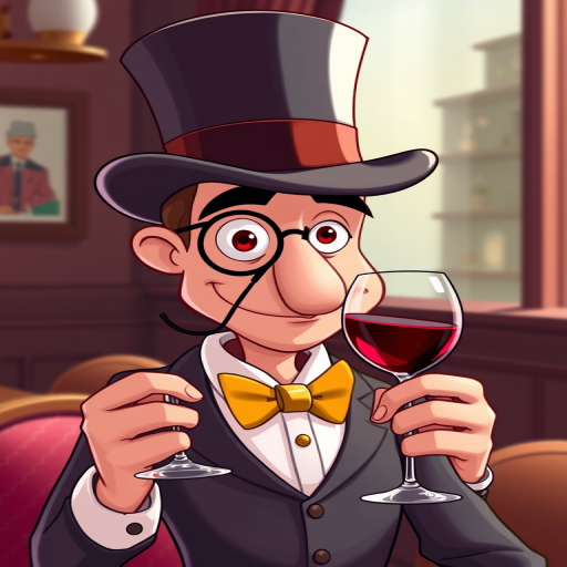 Create a high-resolution digital illustration of a sophisticated cartoon character with a top hat and monocle, elegantly holding a glass of red wine, captured with a 50mm lens, at f/1.8 aperture, using a soft focus style in a well-lit environment to enhance details and contrast.