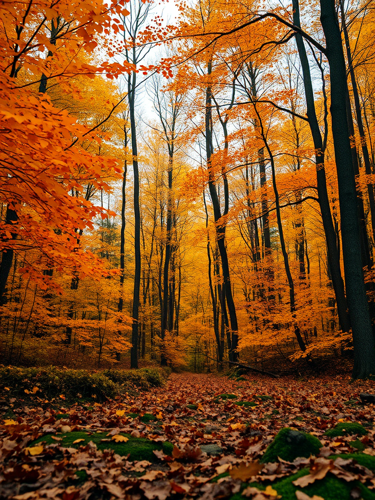 autumn forest landscape with vibrant orange and yellow foliage, low angle view, DSLR camera, f/8 aperture, 1/125 sec shutter speed, ISO 100, natural lighting