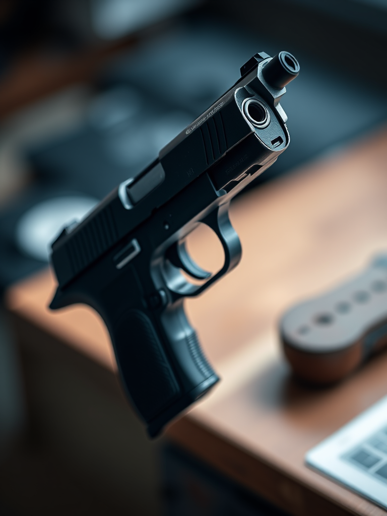 Create a high-resolution image of a detailed semi-automatic pistol with a sleek design, captured with a DSLR camera at f/2.8, ISO 100, 1/125 sec, in a close-up view with a soft focus background.
