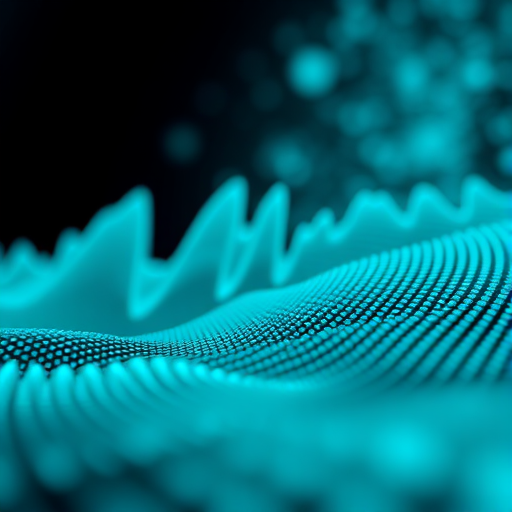 abstract digital sound waves representation with vibrant turquoise colors, low angle view, macro lens, 50mm f/1.8, ISO 100, shutter speed 1/200s, soft-focus background, high dynamic range imaging, 4K resolution