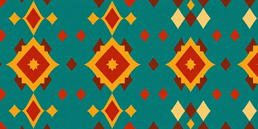 Create a high-resolution image of a geometric pattern featuring alternating diamond and lozenge shapes in earthy tones of red, yellow, and cream on a teal background, shot with a DSLR camera at ISO 100, f/8 aperture, 50mm lens, and a standard view for clarity and detail.