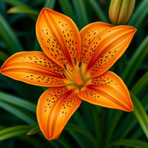 highly detailed illustration of a vibrant orange lily flower with intricate spots and lush green leaves, shot with a Canon EOS 5D Mark IV, 50mm lens, f/2.8 aperture, ISO 100, soft natural light, macro style for enhanced detail and clarity