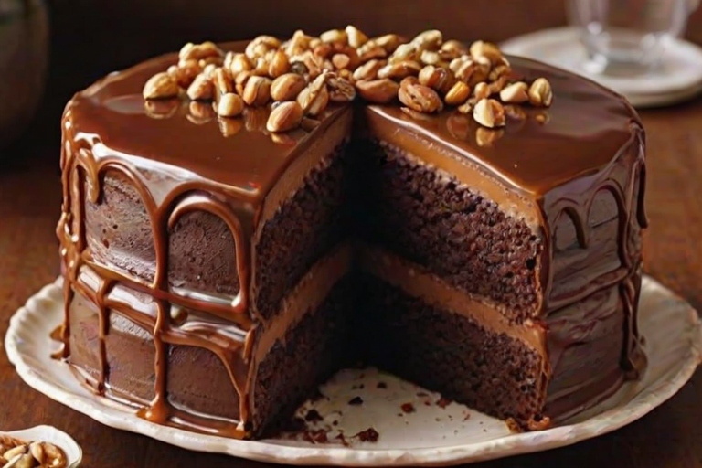 Generate an image of a multi-layered chocolate cake with rich layers of frosting, caramel, and nuts. The cake should have a glossy chocolate ganache topping and be decorated with chopped nuts on the edges. Display a cross-section to show the distinct layers of cake and filling.
