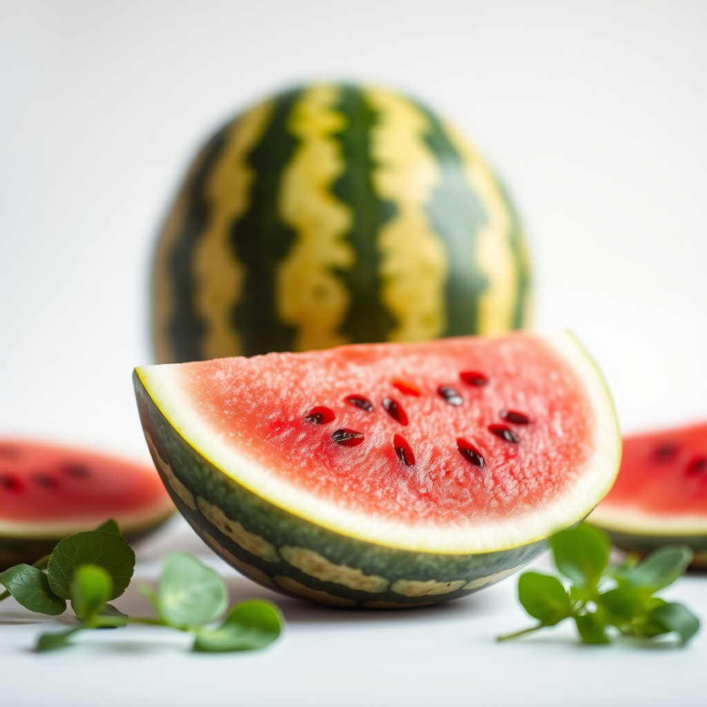 Create an image of a watermelon with a whole fruit behind a sliced piece, use a 50mm lens at f/4 aperture, ISO 100, and a shallow depth of field to enhance focus on the watermelon, in a bright studio setting with soft lighting.