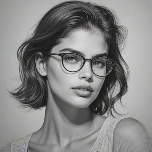 Radiant Sara Sampaio, pencil sketch, portrait of Comely woman 1934s in glasses, hair style beatnik, outline, clear lines, fine lines, 8k
