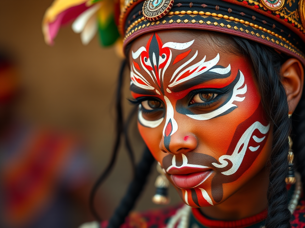 Capture a close-up portrait of a traditional dancer with intricate face paint, using a DSLR camera at f/2.8 aperture, ISO 100, and a shutter speed of 1/200s, with a shallow depth of field to softly blur the background, in natural light.