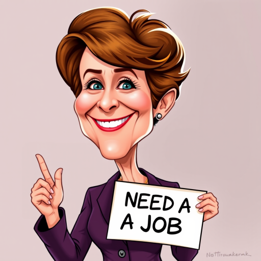 caricature of a smiling Annette Bening in a Plum dress or suit, holding up a sign that says "NEED A JOB", no watermark,