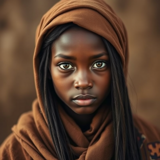 Create a portrait of a young Zulu female with long, dark hair and captivating hazel eyes. She is wearing a brown headscarf and a matching scarf draped gracefully around her neck. The background is softly blurred, focusing attention on her serene and natural expression. The overall color palette is muted and warm, enhancing the intimate and authentic feel of the portrait.