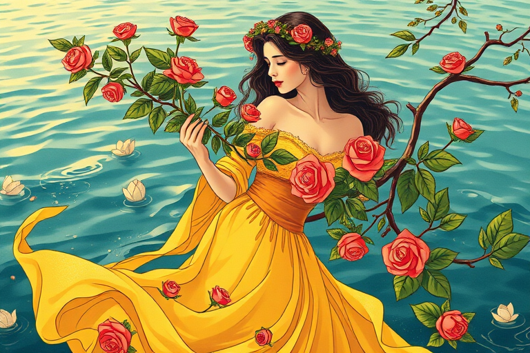 Create a vibrant art nouveau illustration featuring a woman in a flowing yellow dress adorned with roses, holding a branch of leaves, set against a serene water background, captured with a DSLR camera, 50mm lens, aperture f/2.8, ISO 100, natural lighting for enhanced colors and details.