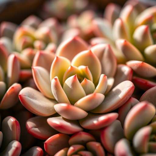 Close-up of succulent plants with smooth, rounded leaves, soft natural lighting, shallow depth of field, Canon EOS R5, 50mm f/1.2 lens, ISO 200, aperture f/1.8, shutter speed 1/200s, macro style.