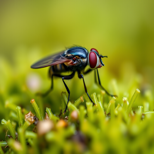 macro shot of a fly on lush green moss with a shallow depth of field, aperture f/2.8, shutter speed 1/500s, ISO 200, captured with a DSLR camera, using a 100mm macro lens, natural lighting, vibrant colors and high detail