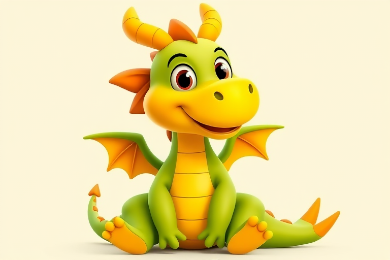 Generate a vibrant cartoon dragon character, showcasing bright yellow and green colors, with a friendly expression, seated in a relaxed pose against a simple background, using a Canon EOS R5 camera with a 50mm lens, aperture set to f/2.8, ISO 100, and a shallow depth of field to enhance focus on the dragon.