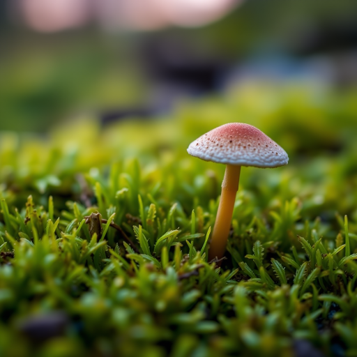 Close-up shot of a delicate mushroom growing among lush green moss, captured with a DSLR camera using a 50mm f/1.8 lens, aperture set to f/2.8, shutter speed at 1/100 sec, ISO 200, natural light during twilight for soft illumination and enhanced details.