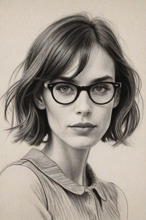 Alluring Alexa Chung, pencil sketch, portrait of Sublime woman 1933s in glasses, hair style beatnik, outline, clear lines, fine lines, 8k