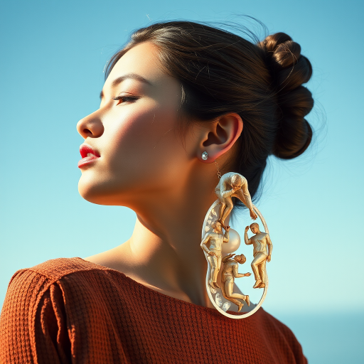 beautiful young lady with hair done up, and an exquisite pair of earings, made from mother of pearl, shimmering, and composed of different men in poses as he climbs up the long earing