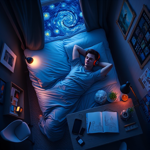 A top-down Van Gogh-style painting of a young man lying on his bed, listening to music with headphones. The room is softly lit with deep blues and purples, creating a peaceful nighttime atmosphere. The bed has a soft pillow, and the man's arms are resting behind his head. Around the bed, various glowing gadgets such as a smartphone, a laptop, and a small lamp are visible, casting a gentle light. The rest of the bedroom includes a desk with books, a chair, and a small rug on the floor. A window near the bed reveals a starry night sky with swirling stars, reminiscent of Van Gogh's 'Starry Night.' On the desk, there is a sketchbook with colorful drawings, a cup of coffee steaming gently, and a small potted plant. The walls have posters of famous paintings and a corkboard with pinned notes and photos. The scene is full of dynamic, swirling brushstrokes, capturing the essence of Van Gogh's unique style. The overall mood is serene and contemplative, with a touch of artistic inspiration.