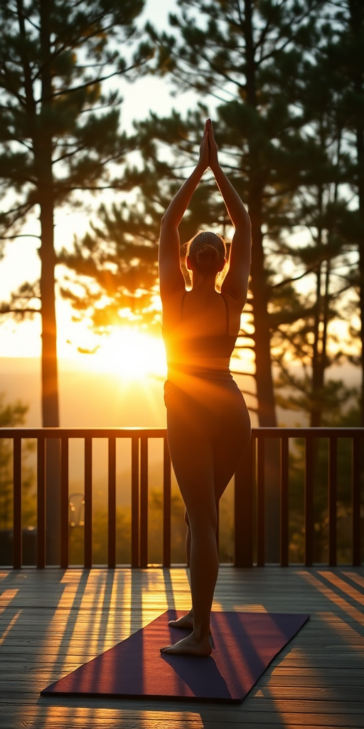 Warm, intimate image of a woman practicing yoga on a wooden deck at sunrise, soft golden light streaming through the trees, distant mountains barely visible, and the sound of birds chirping.
