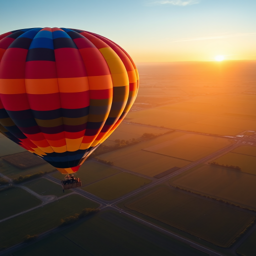 A vibrant hot air balloon in a multi-colored pattern soaring above lush green fields during a breathtaking sunrise, captured with a Canon EOS R5, 24mm lens, aperture f/8, ISO 100, shutter speed 1/200 sec, using a drone view for a dramatic aerial perspective.