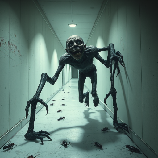 a crooked male with long arms and a creepy smile is crawling along a long white corridor and you can also see cockroaches in it there is a creepy atmosphere creepy art style