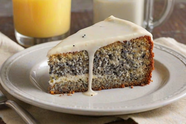 Create an image of a slice of poppy seed cake with a creamy glaze on top, placed on a piece of parchment paper. Include a glass of orange juice in the background, with a fork resting next to the cake. The setting should be bright and inviting, suggesting a casual afternoon treat.