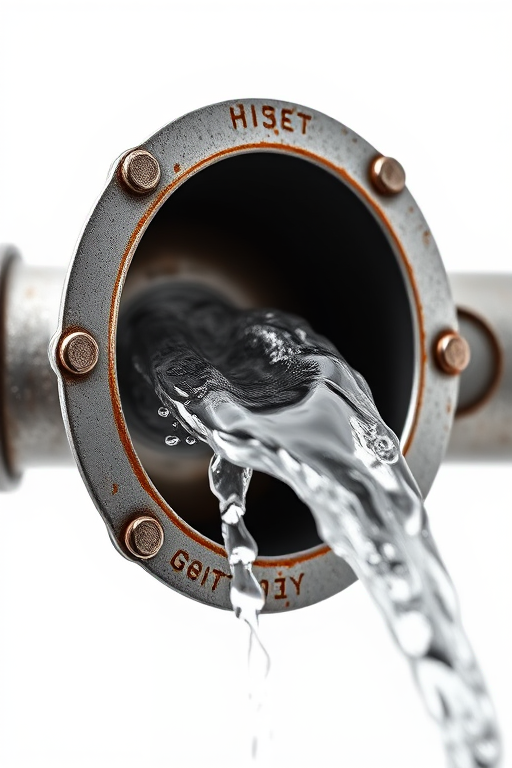 Create a high-resolution image of a metallic pipe with flowing water, using a DSLR camera with a 50mm lens, f/8 aperture, ISO 200, 1/125 second shutter speed, HDR technique, and a clean white background for enhanced contrast.