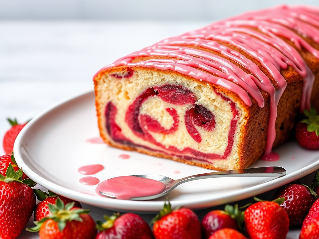 A beautifully decorated loaf cake with a vibrant pink glaze drizzled on top, showcasing a marbled interior with swirls of fruit filling, served on a white plate surrounded by fresh strawberries and a small spoon with pink sauce.