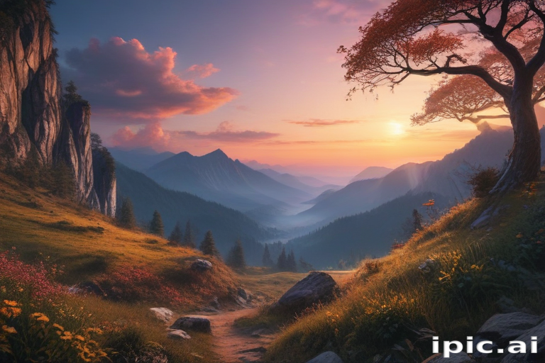 Serene Sunset Over Majestic Mountains and Lush Valley Landscape Scene