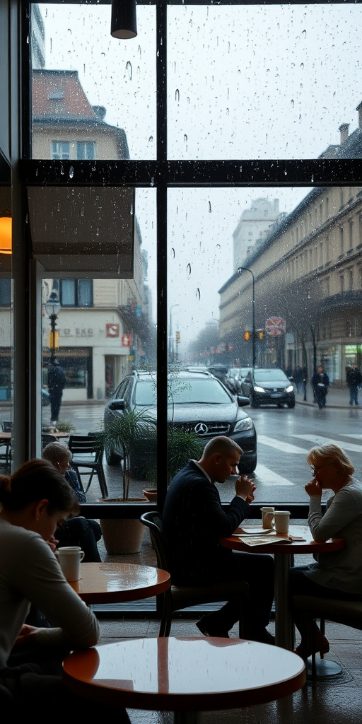 Quiet cafe in a rainy city, with patrons sipping coffee and reading, while raindrops streak down the large glass windows.