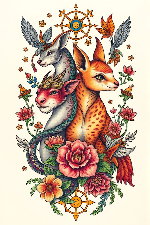 Neo-traditional tattoo named "Enchanted Menagerie" showcasing bold lines and saturated colors to depict whimsical animal hybrids surrounded by magical flora and mystical symbols