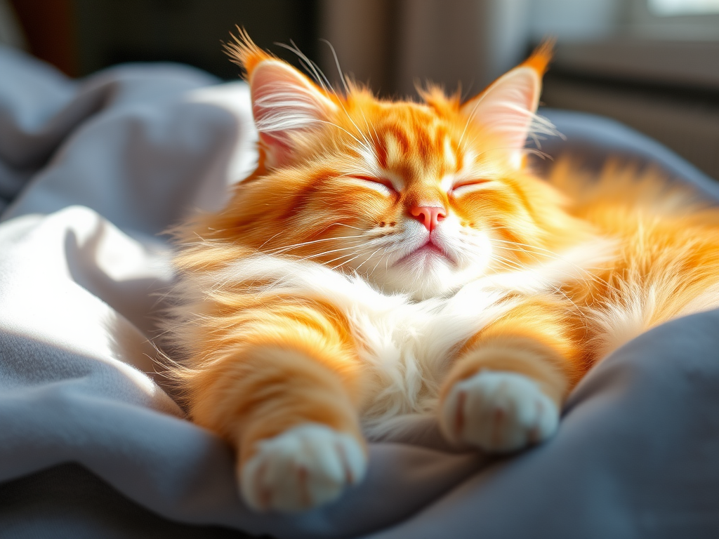 Generate an image of a fluffy orange tabby cat lounging in a cozy setting with its eyes closed enjoying the sunlight the cat has soft fur with a white chest and paws and is resting on a light gray blanket with a warm and peaceful expression