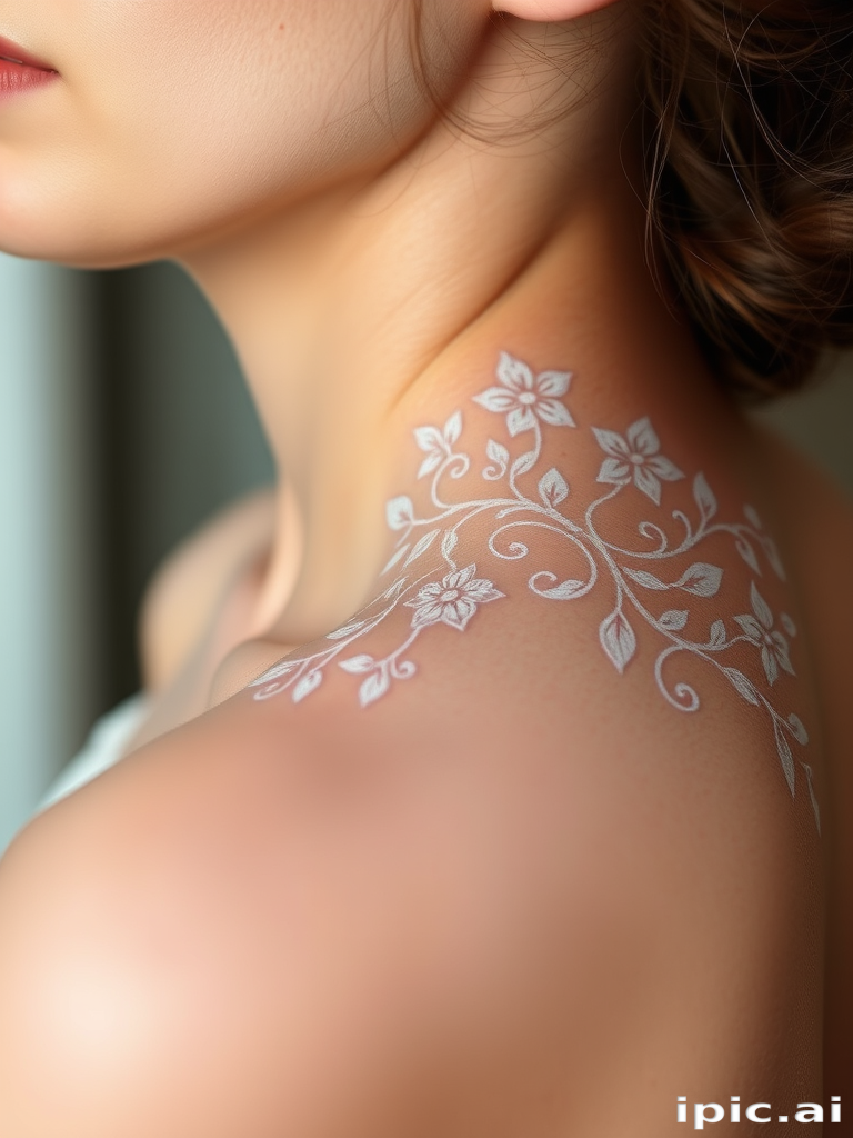 Ethereal white ink tattoo featuring delicate lace-like patterns and flowing organic shapes, subtle contrast against skin tone, intricate details visible upon closer inspection, elegant and feminine design