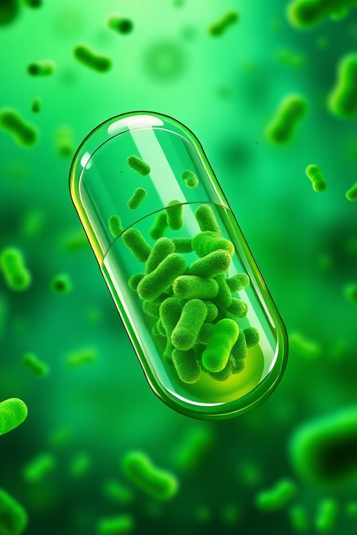 Create an illustration of a capsule containing green bacteria, viewed from a top-down perspective, using a high-resolution vector style, with a focus on vibrant colors and clean lines, shot with a 50mm lens at f/2.8 for shallow depth of field and enhanced detail.