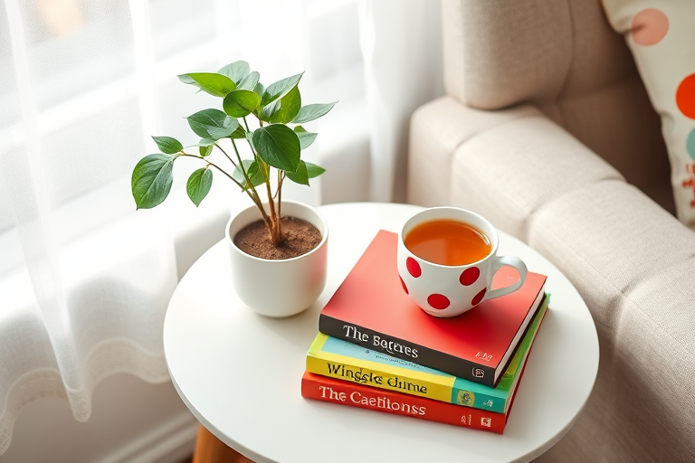 Create a cozy interior scene featuring a mid-century modern side table with a small potted plant and a cup of tea with red polka dots on top, showcasing a stack of colorful books, captured in natural light with a 50mm lens at f/2.8, using a Canon DSLR in a slightly overhead angle to emphasize depth and detail.