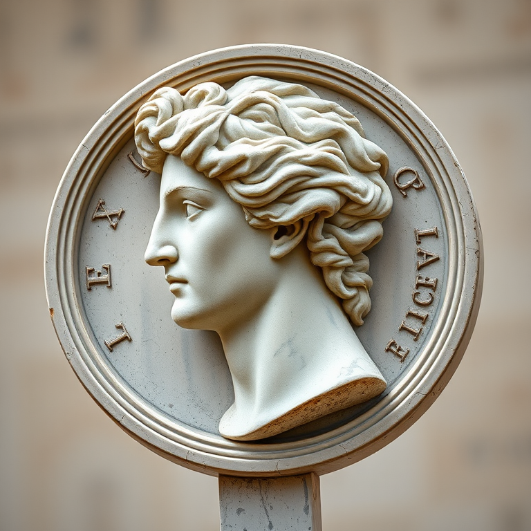 Create a detailed portrait of a classical sculpture's profile on a circular coin-like frame, using a DSLR camera with a 50mm lens, aperture at f/2.8, ISO 100, natural lighting, and a shallow depth of field for a crisp focal point against a softly blurred background.