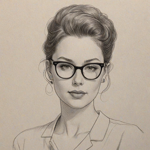Attractive Erin Darke, pencil sketch, portrait of Superb woman 1956s in glasses, hair style beatnik, outline, clear lines, fine lines, 8k