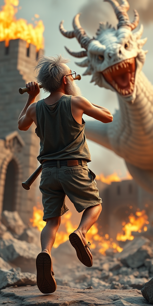 Cartoon 3D High-Resolution,dynamic battle scene using Unreal Engine 5 and Octane Render. The scene features back of an elderly, thai man with a beard,messy hair and round golden-rimmed glasses. He is wearing a tattered tank top with soot marks, shorts, and sandals. sweating. he wields a baseball bat. He jump to fight with a white fire-breathing Europe dragon amidst a partially destroyed stone castle. Include intense flames, smoke, and debris to enhance the dramatic effect.