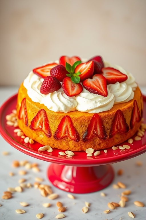 A delicious cake topped with whipped cream and fresh strawberries, surrounded by chopped almonds, presented on a red cake stand with a soft background.