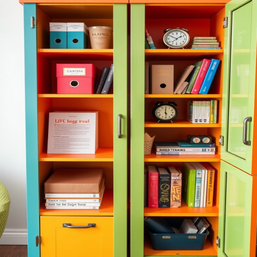 A brightly colored storage cabinet with six sections, featuring open shelves with stationery, closed cardboard boxes, books, a clock, and organizational items, captured with a DSLR camera at f/8, ISO 200, 50mm lens, top-down view with vibrant colors and sharp details.