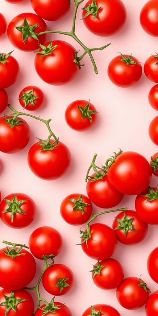 Generate a seamless pattern design featuring numerous bright red tomatoes on a light pink background, using a high-resolution DSLR camera with a 50mm lens at f/8 aperture, ISO 100, and a shallow depth of field to enhance texture and detail.
