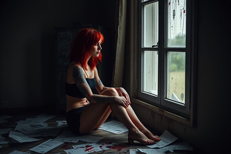 Regenerate a high-resolution image of a woman with red hair and tattoos sitting by a window in a dimly lit room, surrounded by scattered papers and blood splatters, using a DSLR camera with a 50mm f/1.8 lens, aperture set to f/2.8, ISO 200, and a soft focus effect to enhance mood and depth.